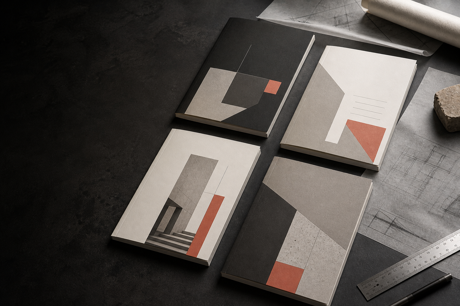 Four architectural field guide publications beside technical drawings