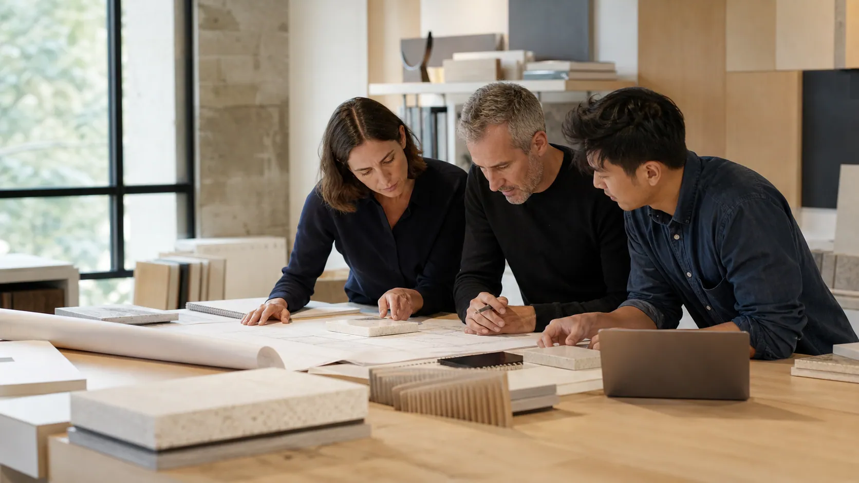 Architectural and building-product professionals collaborating over drawings and materials