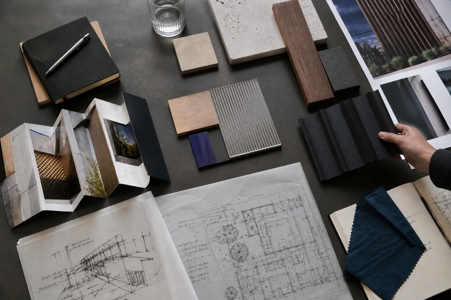 Building material samples, architectural drawings and strategy documents